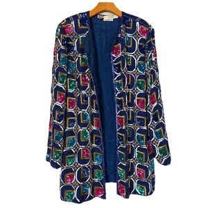 VTG i magnin 100% Silk Sequined Jewel Tone  Dress Coat by Judith Ann Creations L